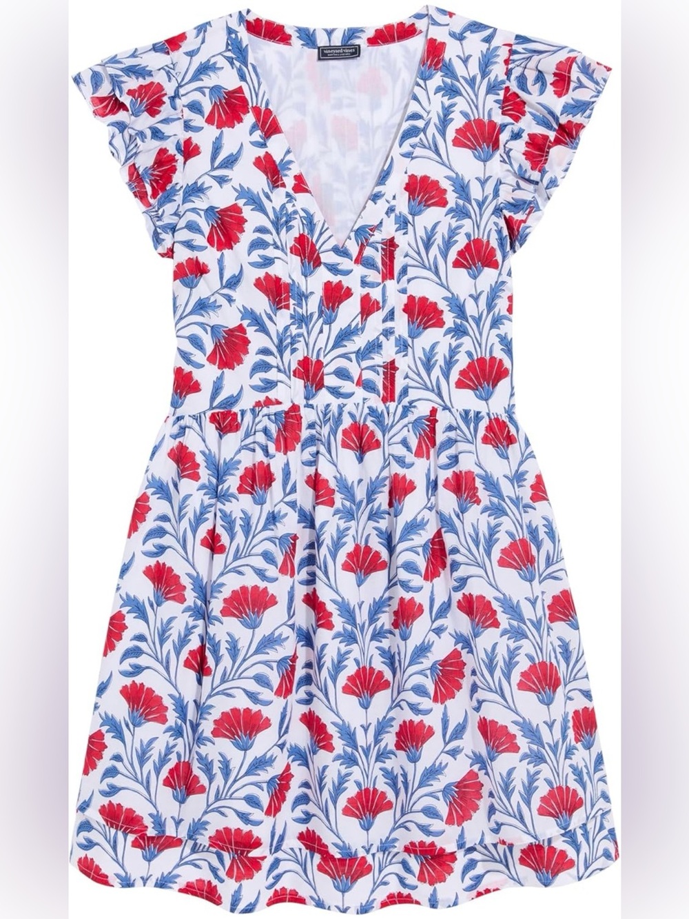 Vineyard Vines Red & Blue Floral Pintuck Flutter Sleeve Dress